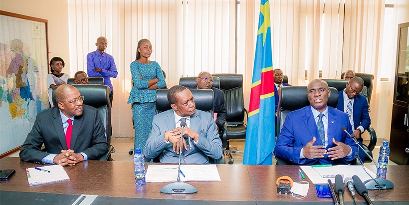 Addressing the media, (L-R) ATA-DRC Deputy Coordinator Mignouna Jacob, IITA Central Africa Hub Deputy Director Zoumana Bamba, and DRC Minister of Agriculture His Excellency Désiré M’Zinga Birihanze.