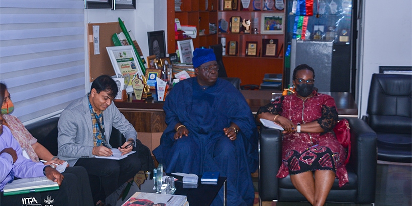 Commissioner for Agriculture, Dr Adeola Odedina (second right), discussing digital agriculture with the IITA delegation.