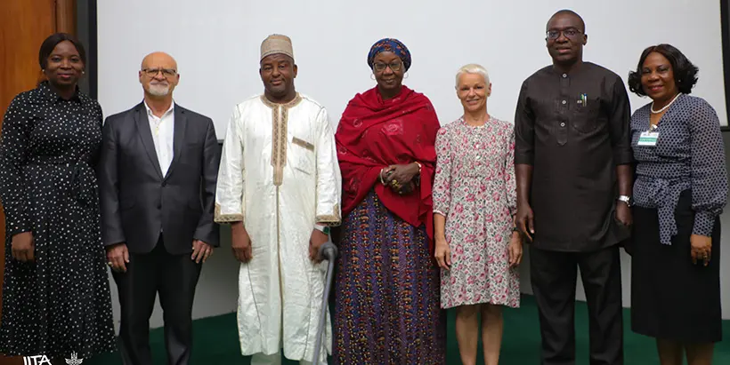 SWEAN Project Coordinator Zainatou Soré and IITA DDG-P4D Kenton Dashiell with (L-R) Kaduna State Ministry of Agriculture Permanent Secretary Mohammed Mainasibi, Kaduna State Commissioner for Education Hon. Hajia Halima Lawal, French Embassy Regional Agriculture Counsellor Sonia Darracq, Special Adviser to Oyo State Government on Agribusiness Adebowale Akande, and Oyo State Director of Agricultural Extension Ibukun Iroko.