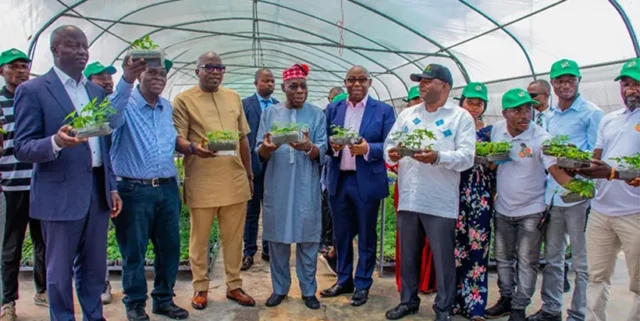 Left to right: Chaka Kariuki (KURAMO shareholder), M. Mbilo (CEO, CERAGRU), Pacifique Kahasha (chargé de mission du president), Olusegun Obasanjo (former Président of Nigeria), Adewale Adeosun (Chairman, KURAMO, Capital management/ Majority shaholder PHC), Nteranya Sanginga (DG, IITA).