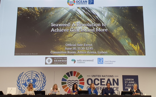 Shakuntala Haraksingh Thilsted (middle), Vincent Doumeizel (second from left), and other members of the Safe Seaweed Coalition presenting in a side session during the 2022 UN Ocean Conference in Lisbon, Portugal. Photo by Ben Wismen.