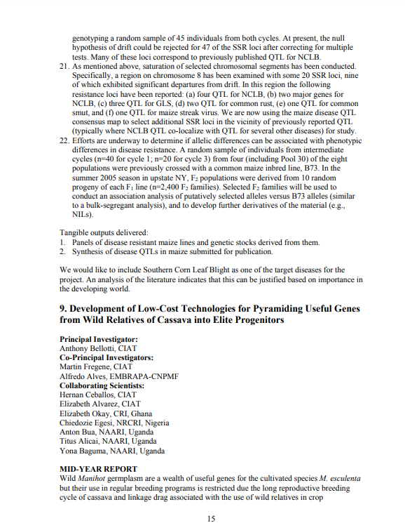 Development of low-cost technologies for pyramiding useful genes from wild relatives of cassava into elite progenitors