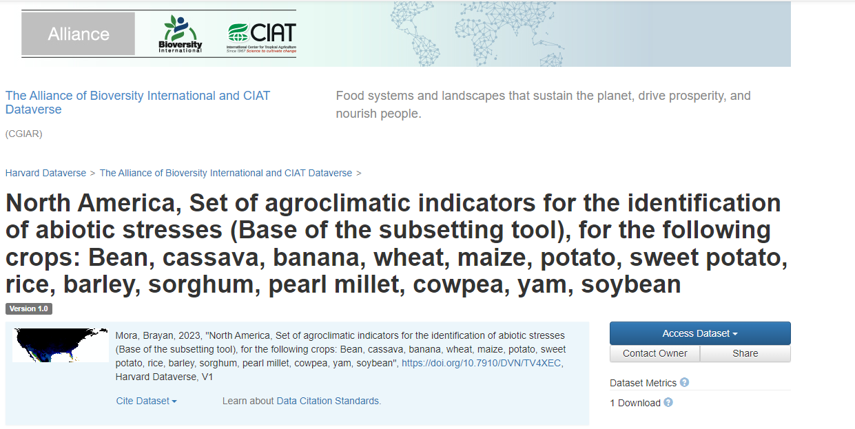 North America, Set of agroclimatic indicators for the identification of abiotic stresses (Base of the subsetting tool), for the following crops: Bean, cassava, banana, wheat, maize, potato, sweet potato, rice, barley, sorghum, pearl millet, cowpea