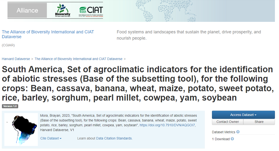 South America, Set of agroclimatic indicators for the identification of abiotic stresses (Base of the subsetting tool), for the following crops: Bean, cassava, banana, wheat, maize, potato, sweet potato, rice, barley, sorghum, pearl millet, cowpea