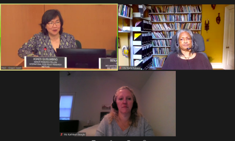 Agnes Quisumbing, left, discusses the new FAO report, The Status of Women in Agrifood Systems, with Nalia Kabeer of the London School of Economics and Kathleen Beegle of the World Bank.