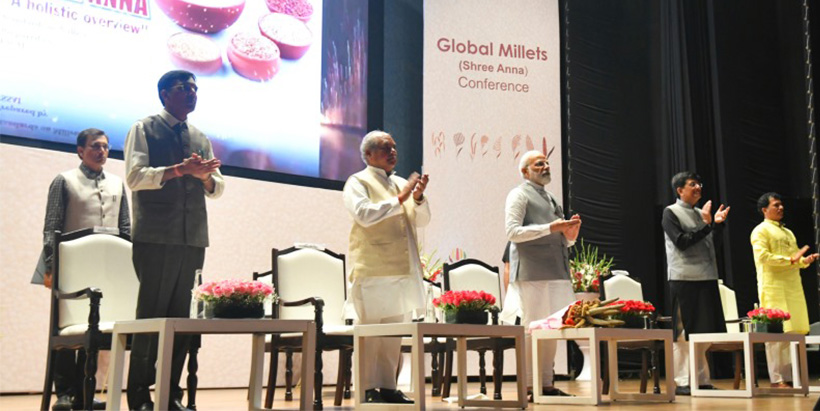 Indian Prime Minister Narendra Modi (third from left) inaugurating the Global Millets (Shree Anna) Conference.