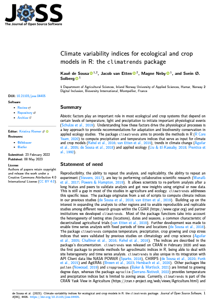 Climate variability indices for ecological and crop models in R the climatrends package