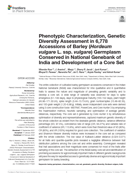 Phenotypic-characterization-genetic-diversity-assessment-in-6778-accessions-of-Barley-Hordeum-vulgare-L-ssp-vulgare-germplasm-conserved-in-national-genebank-of-India-and-development-of-a-core-set