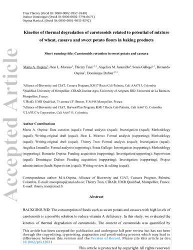 Kinetics of thermal degradation of carotenoids related to potential of mixture of wheat, cassava and sweet potato flours in baking products