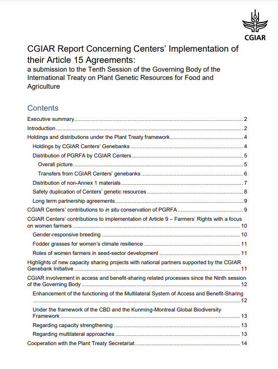 CGIAR Report Concerning Centers Implementation of their Article 15 Agreements