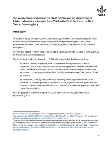 The status of implementation of the CGIAR Principles on the Management of Intellectual Assets: A submission from CGIAR to the Tenth Session of the Plant Treaty’s Governing Body