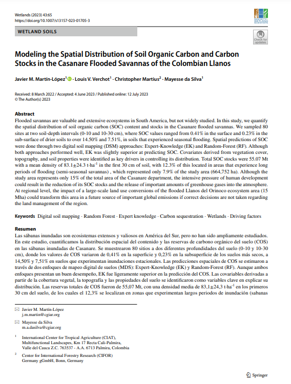 Modeling the spatial distribution of soil organic carbon and carbon stocks in the Casanare flooded savannas of the Colombian Llanos