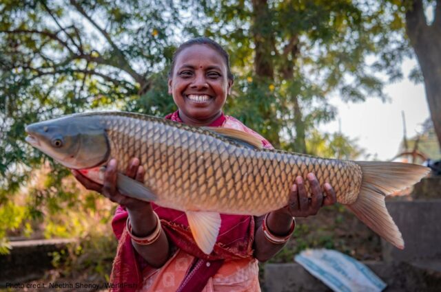 Woman holding big fish.