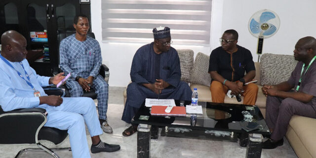 Deputy Chief of Party (NIAA), Mr Olukayode Faleti (right); Market Systems and Livelihood Specialist (NIAA), Mr Bassey Archibong (2nd right), Acting DG (NASC), Dr Khalid Ishiak (middle); Director (NASC), Dr Jimmy Zidafamor (2nd left) and Youth/Gender Facilitator (NIAA), Mr SHakiru Quadri during the meeting