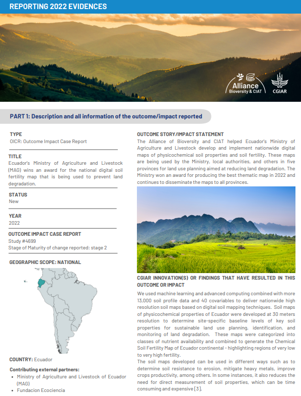 Ecuador’s Ministry of Agriculture and Livestock (MAG) wins an award for the national digital soil fertility map that is being used to prevent land degradation