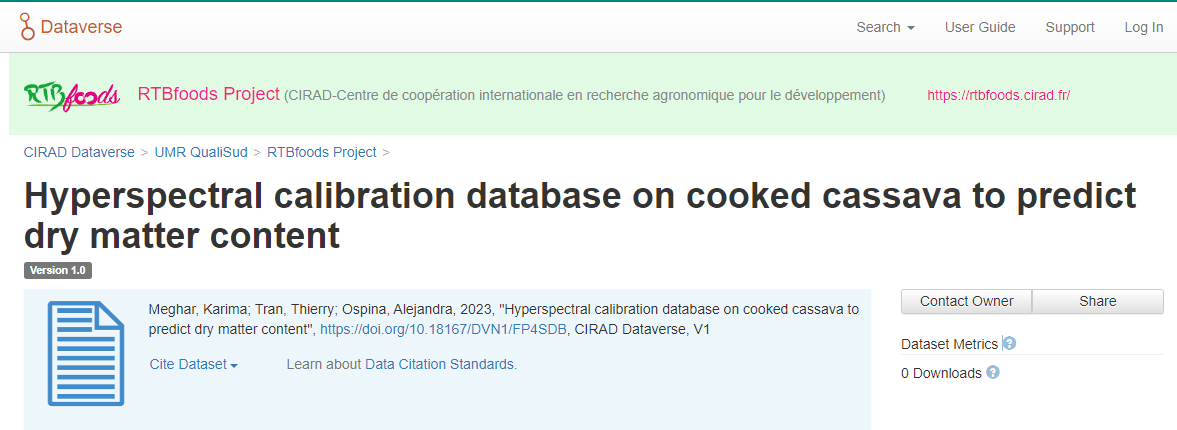 Hyperspectral calibration database on cooked cassava to predict dry matter content