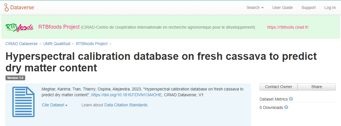 Hyperspectral calibration database on fresh cassava to predict dry matter content