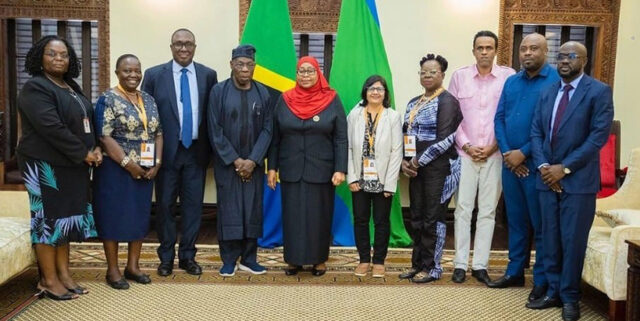 IITA senior management team led by Chief Olusegun Obasanjo, the Former President of Nigeria and IITA Ambassador for Africa (fourth from the left) with president of Tanzania Hon. Samia Suluhu Hassan (fifth from the left), Minister of Agriculture (URT)- Hon. Hussein Mohamed Bashe (third from the right). Photo credit: Communication, state house.