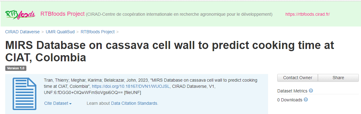 MIRS Database on cassava cell wall to predict cooking time at CIAT, Colombia