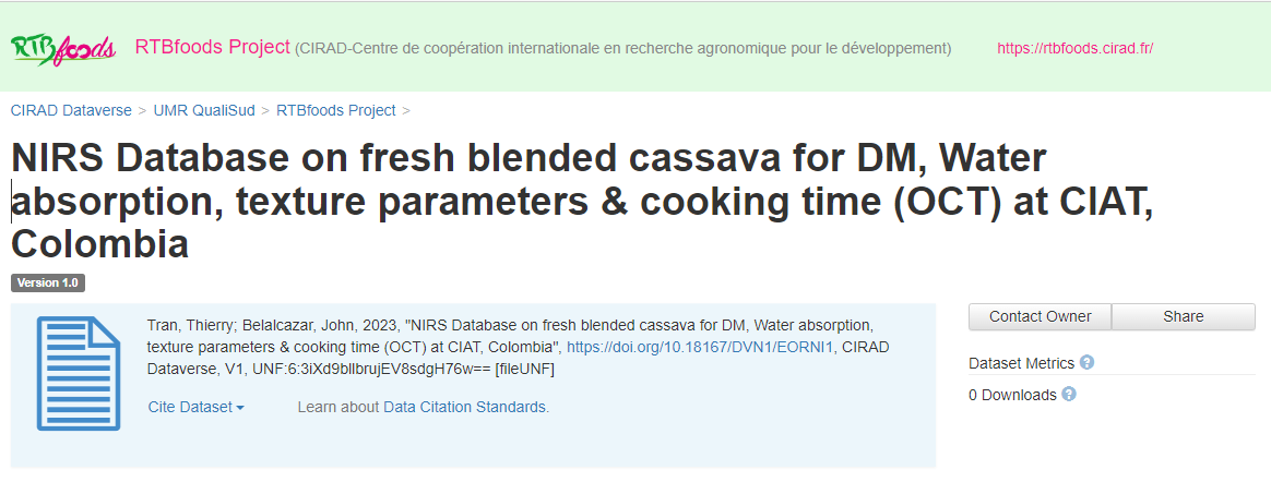 NIRS Database on fresh blended cassava for DM, Water absorption, texture parameters & cooking time (OCT) at CIAT, Colombia