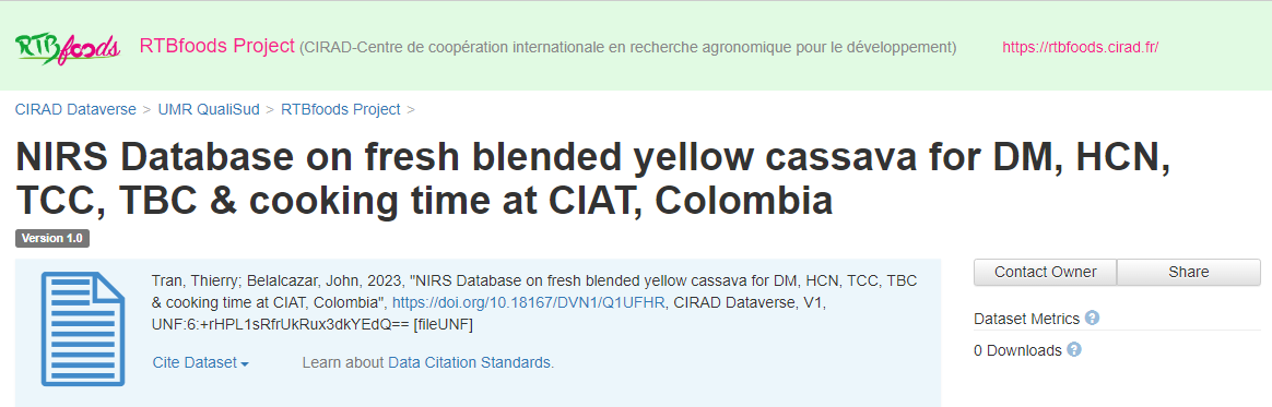 NIRS Database on fresh blended yellow cassava for DM, HCN, TCC, TBC & cooking time at CIAT, Colombia