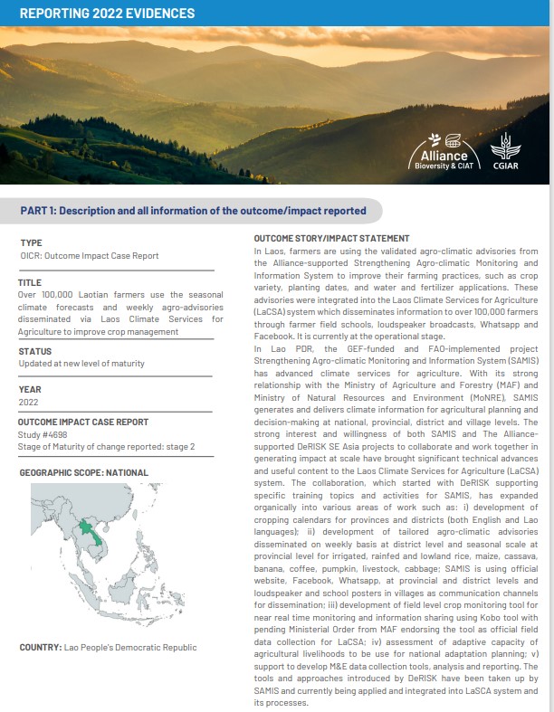 Over 100,000 laotian farmers use the seasonal climate forecasts and weekly agro-advisories disseminated via Laos climate services for agriculture to improve crop management