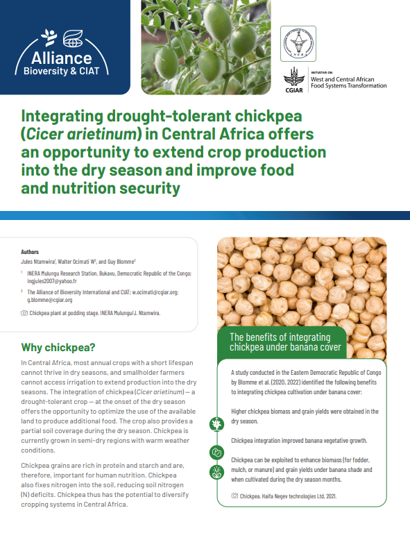 Integrating drought-tolerant chickpea (Cicer arietinum) in Central Africa offers an opportunity to extend crop production into the dry season and improve food and nutrition security