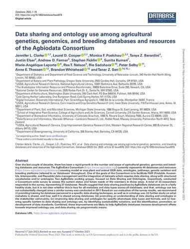 Data sharing and ontology use among agricultural genetics, genomics, and breeding databases and resources of the Agbiodata Consortium