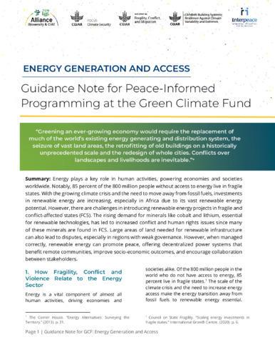 Guidance note for peace-informed programming at the Green Climate Fund - Energy generation and access