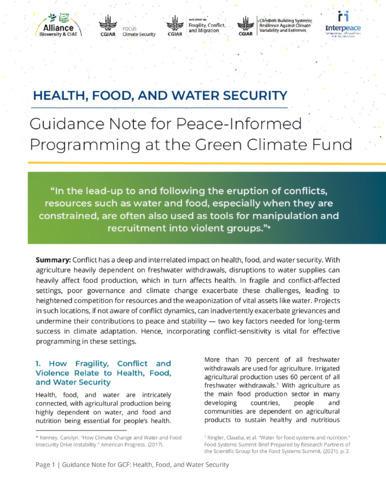 Guidance note for peace-informed programming at the Green Climate Fund - Health, food and water security