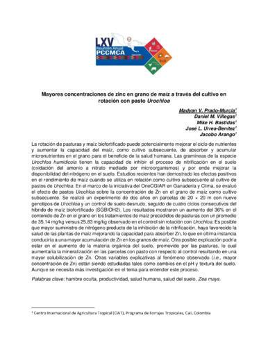 Mayores concentraciones de Zinc en grano de maíz a través del cultivo en rotación con pastura Urochloa