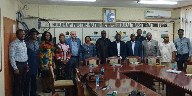 IITA Director General and CGIAR Regional Director for Africa Dr Simeon Ehui with Sierra Leone Minister of Agriculture Honorable Henry Kpaka with IITA Management team and staff of the Sierra Leone Ministry of Agriculture.