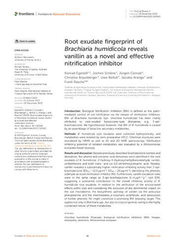 Root exudate fingerprint of Brachiaria humidicola reveals vanillin as a novel and effective nitrification inhibitor