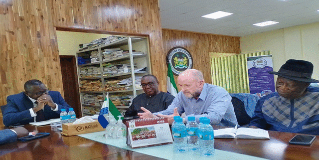 Sierra Leone Minister of Finance Honorable Sheku Ahmed Fantamadi Bangura with IITA Director General Dr Simeon Ehui, Professor Michael Abberton and Dr Alfred Dixon.