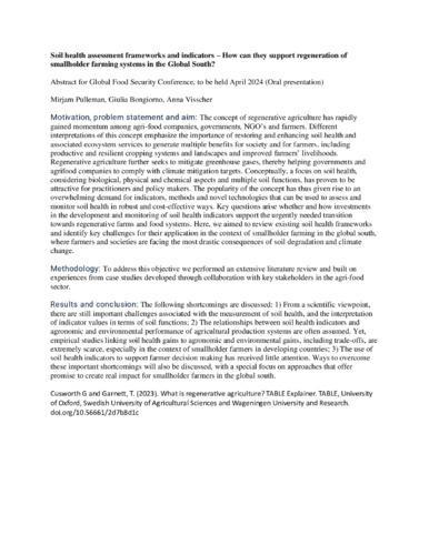 Soil health assessment frameworks and indicators - How can they support regeneration of smallholder farming systems in the Global South