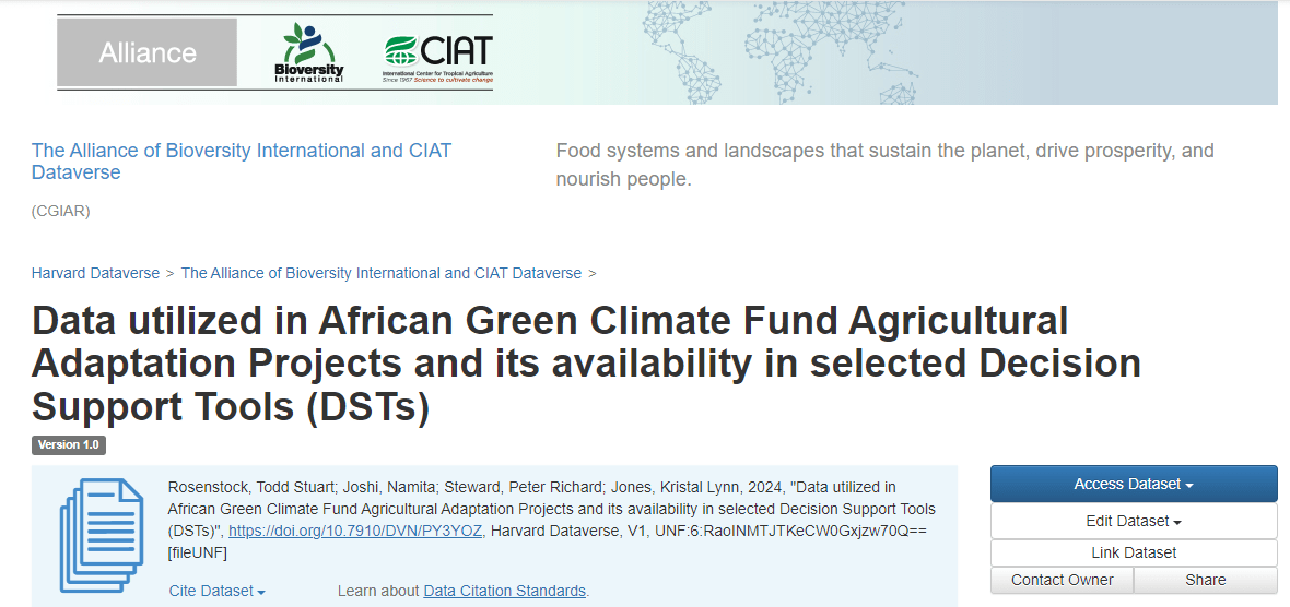 Data utilized in African Green Climate Fund Agricultural Adaptation Projects and its availability in selected Decision Support Tools (DSTs)