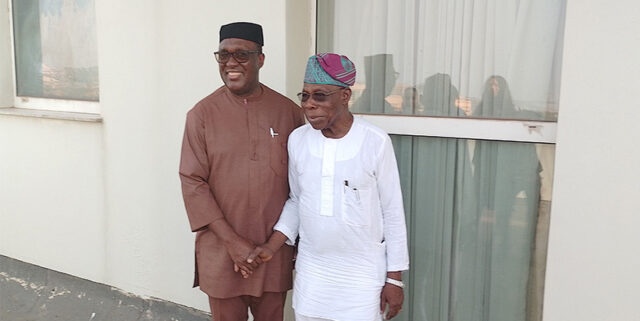 IITA Director General and CGIAR Regional Director for Continental Africa Dr. Simeon Ehui with IITA Ambassador Chief Olusegun Obasanjo (Photo credit: Timilehin Osunde/IITA).