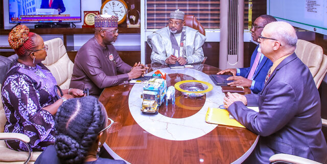 Minister for Agriculture and Food Security Honorable Abubakar Kyari with the outgoing Permanent Secretary Dr. Ernest Umakhihe, IITA Director General Dr. Simeon Ehui, and the IITA team during the meeting.