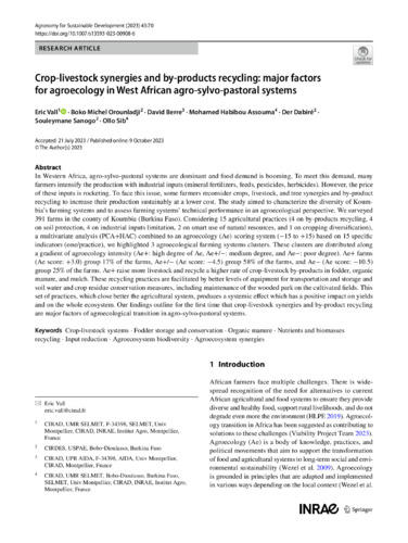 Crop-livestock synergies and by-products recycling: major factors for agroecology in West African agro-sylvo-pastoral systems