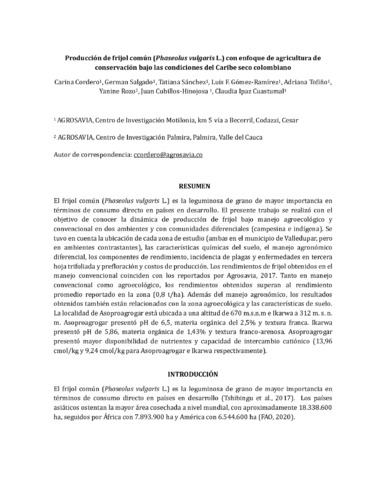 Producción de frijol común (Phaseolus vulgaris L.) con enfoque de agricultura de conservación bajo las condiciones del Caribe seco colombiano