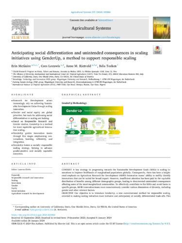 Anticipating social differentiation and unintended consequences in scaling initiatives using GenderUp, a method to support responsible scaling