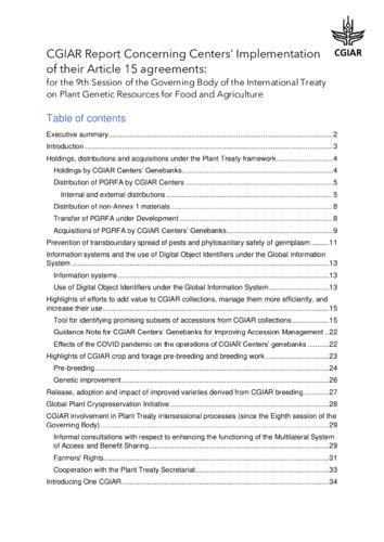 CGIAR report concerning Centers' implementation of their Article 15 Agreements: for the 9th Session of the Governing Body of the International Treaty on Plant Genetic Resources for Food and Agriculture