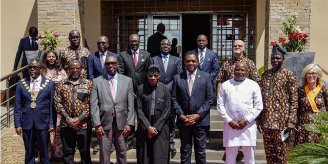 Zambia President Hakainde Hichilema, IITA Goodwill Ambassador and former President of Nigeria Chief Olusegun Obasanjo and IITA Director General and CGIAR Regional Director for Continental Africa, Dr Simeon Ehui with some of Zambia’s government officials and IITA Management team during the launch of IITA-SARAH.