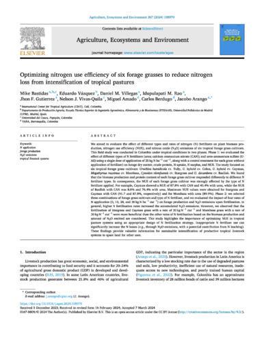Optimizing nitrogen use efficiency of six forage grasses to reduce nitrogen loss from intensification of tropical pastures