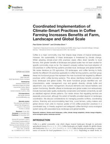 Coordinated implementation of climate-smart practices in coffee farming increases benefits at farm, landscape and global scale