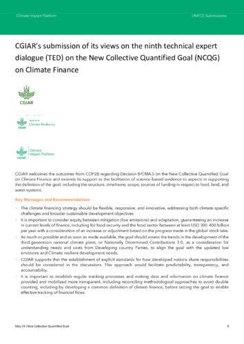 CGIAR’s submission of its views on the ninth technical expert dialogue (TED) on the New Collective Quantified Goal (NCQG) on Climate Finance