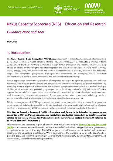 Nexus Capacity Scorecard (NCS) - Education and Research: guidance note and tool
