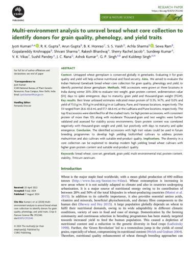 Multi-environment analysis to unravel bread wheat core collection to identify donors for grain quality, phenology, and yield traits