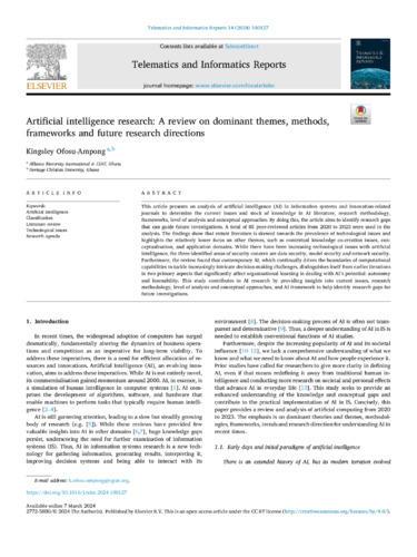 Artificial intelligence research: A review on dominant themes, methods, frameworks and future research directions