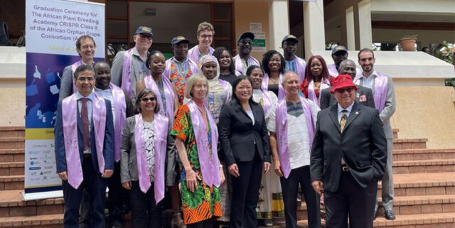 Graduates of the CRISPR Course during the procession CRISPR Course cohort with instructors at the graduation ceremony.